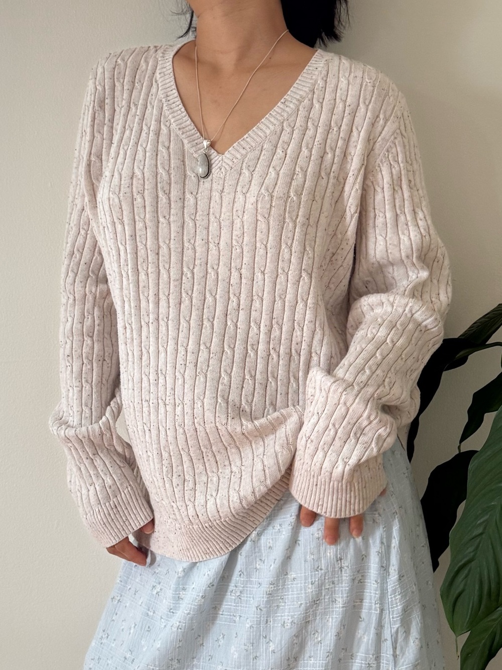 Croft And Barrow 100% Cotton V Neck Speckled Cream Cable Knit Sweater Size XL